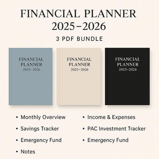 Financial Planner 2025–2026 • Budget Template • Monthly Income & Expenses • Savings Tracker • PAC Investment Tracker • Emergency Fund •