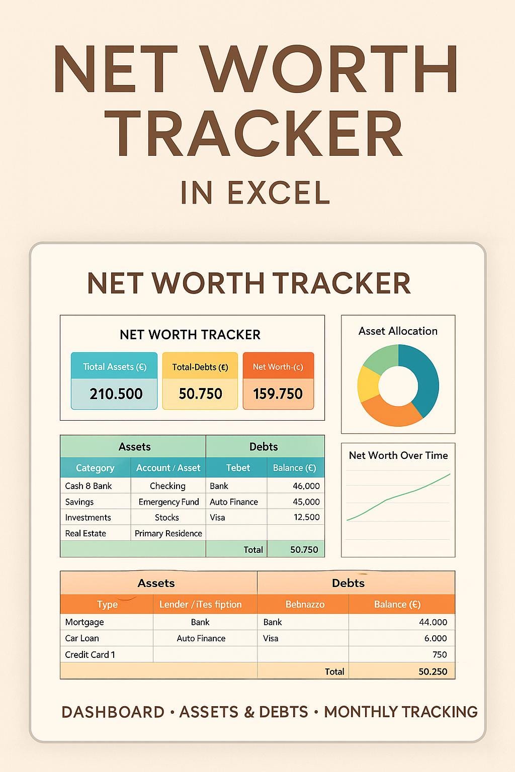 Net Worth Tracker | Excel Net Worth Spreadsheet | Assets & Debts Dashboard | Financial Planner Template | Wealth Tracker | Digital Download