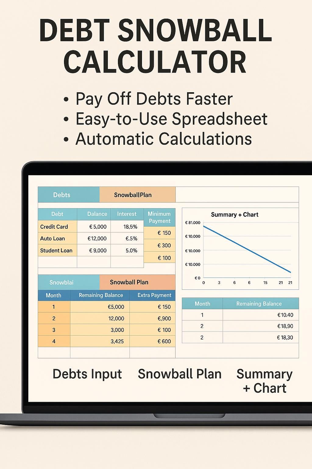 Debt Snowball Calculator | Excel Debt Payoff Tracker | Debt Reduction Plan | Financial Planner Spreadsheet | Debt-Free Roadmap | Download