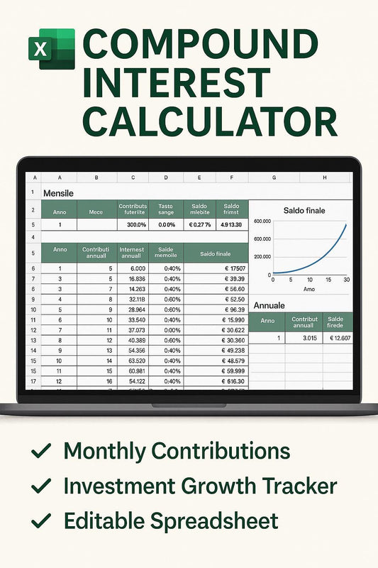 Compound Interest Calculator Excel | Monthly Contributions | Investment Growth Tracker | Financial Planner Spreadsheet |Editable Budget Tool
